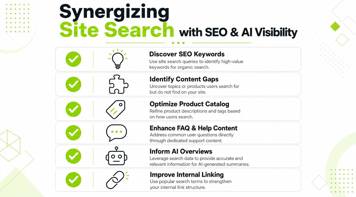 An infographic detailing six ways to improve SEO and AI visibility using ecommerce site search data.