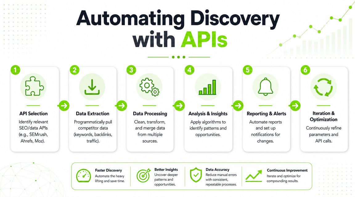 A six-step infographic illustrating the process of automating SEO competitor data discovery using various API tools.