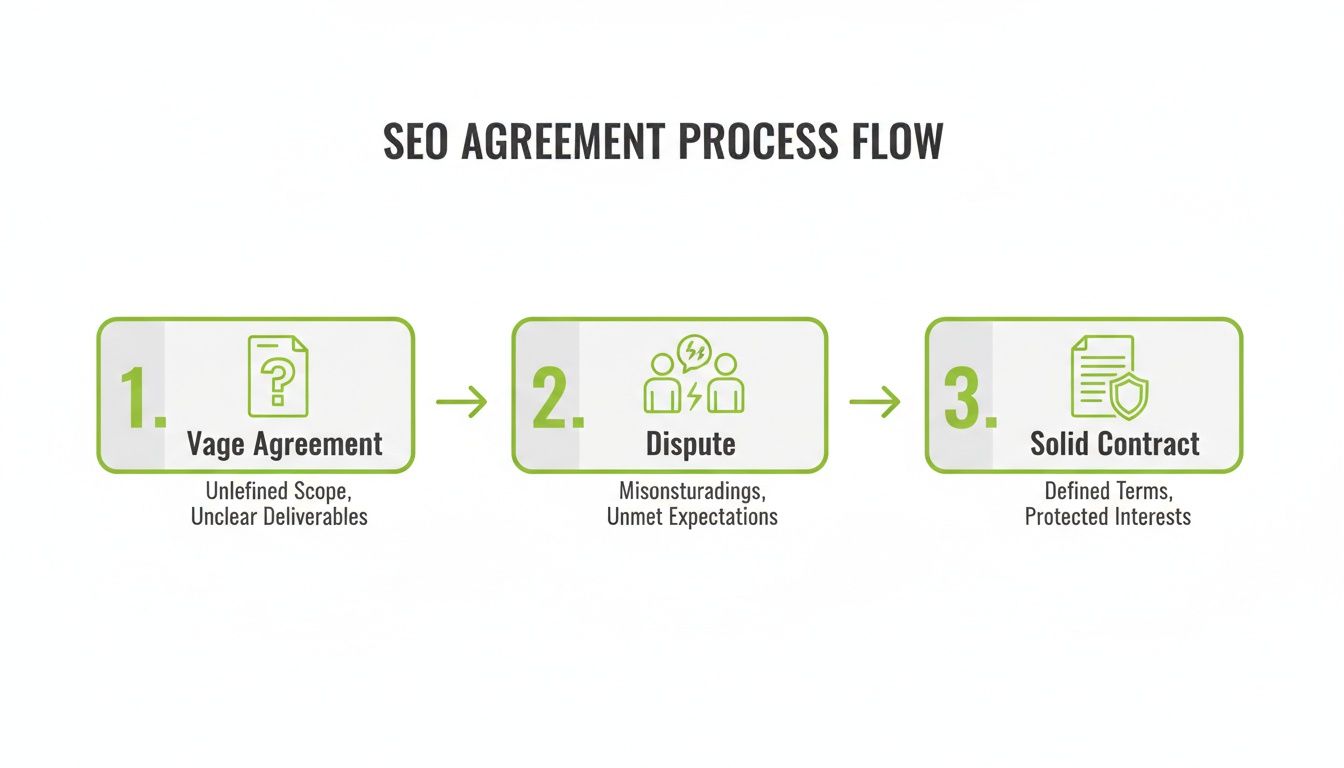 A diagram illustrates the SEO agreement process flow, from vague agreements to disputes and solid contracts.