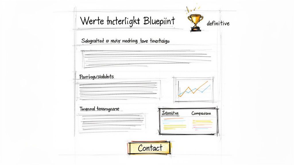 Hand-drawn sketch of a webpage layout featuring title, text blocks, graph, comparison table, and contact button.