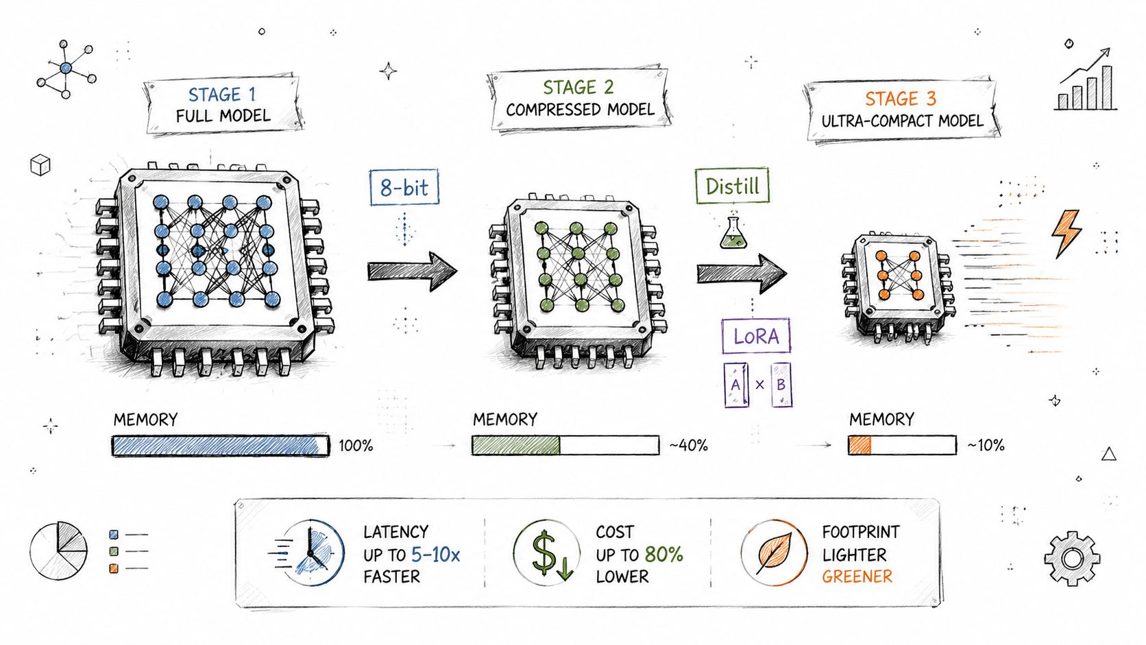 A diagram illustrating three stages of model optimization, moving from full model to ultra-compact, reducing memory and cost.